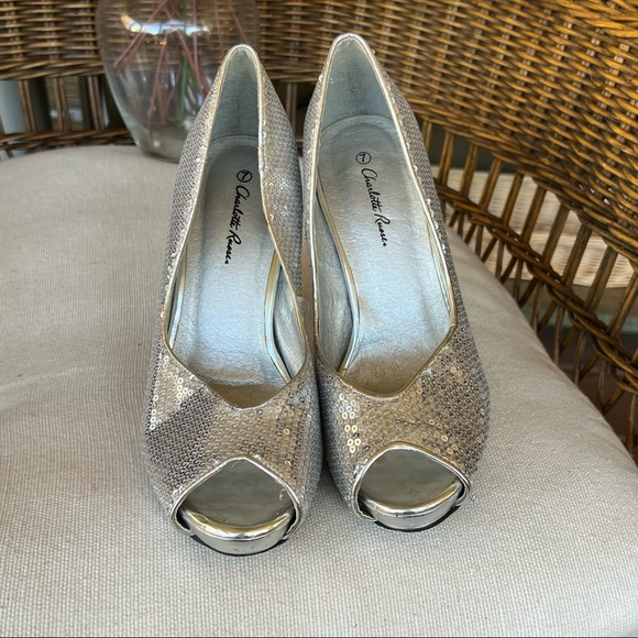 Charlotte Russe Silver Sequin Peep Toe Pumps Heels 7 - Picture 3 of 10